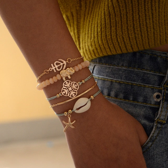 5pcs Mixed Golden Shell Starfish Friendship Bracelets