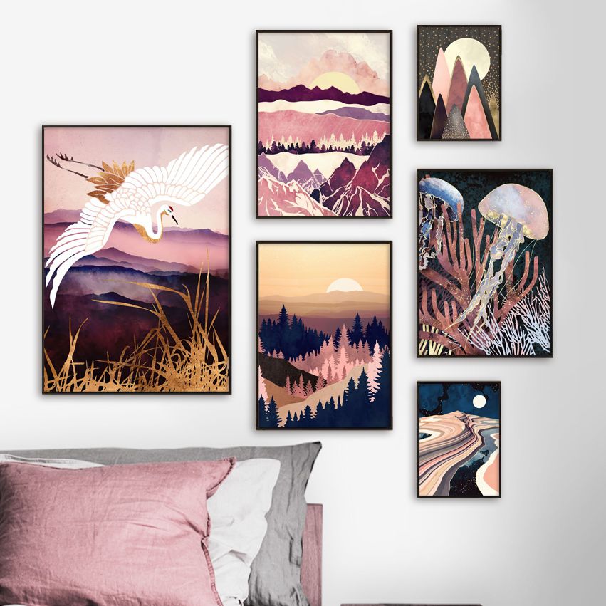 Mountain Forest Sun Bird Abstract Landscape Art Canvas Painting Nordic Posters And Prints Wall Pictures For Living Room Decor - Mountain Village Merchandise