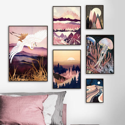 Mountain Forest Sun Bird Abstract Landscape Art Canvas Painting Nordic Posters And Prints Wall Pictures For Living Room Decor - Mountain Village Merchandise
