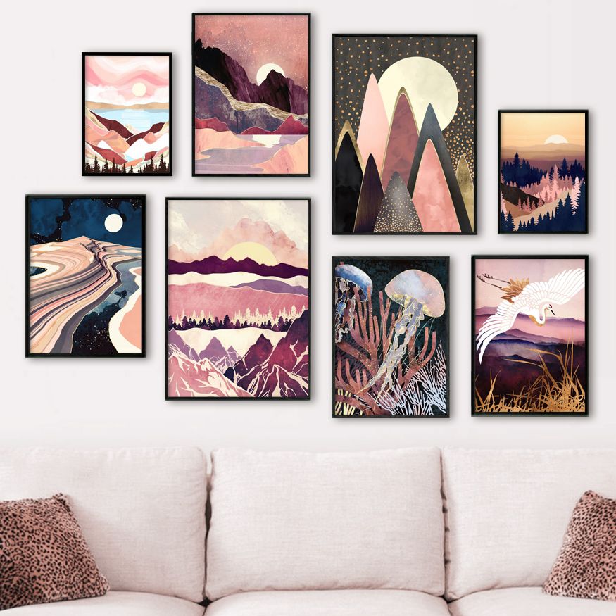 Mountain Forest Sun Bird Abstract Landscape Art Canvas Painting Nordic Posters And Prints Wall Pictures For Living Room Decor - Mountain Village Merchandise