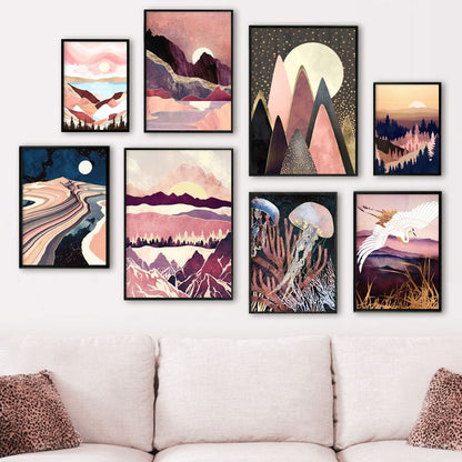 Mountain Forest Sun Bird Abstract Landscape Art Canvas Painting Nordic Posters And Prints Wall Pictures For Living Room Decor - Mountain Village Merchandise