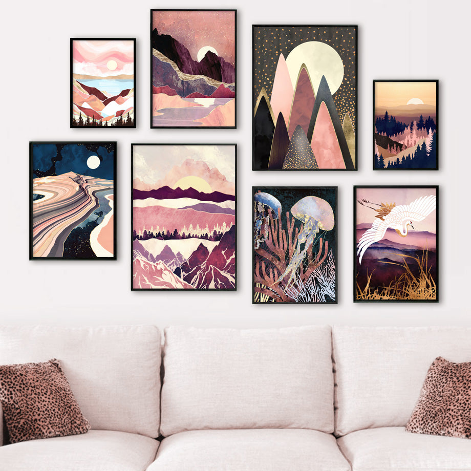 Mountain Forest Sun Bird Abstract Landscape Art Canvas Painting Nordic Posters And Prints Wall Pictures For Living Room Decor - Mountain Village Merchandise