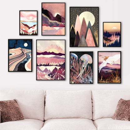 Mountain Forest Sun Bird Abstract Landscape Art Canvas Painting Nordic Posters And Prints Wall Pictures For Living Room Decor - Mountain Village Merchandise