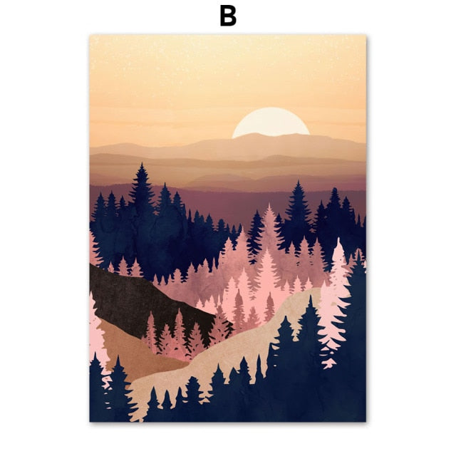 Mountain Forest Sun Bird Abstract Landscape Art Canvas Painting Nordic Posters And Prints Wall Pictures For Living Room Decor - Mountain Village Merchandise
